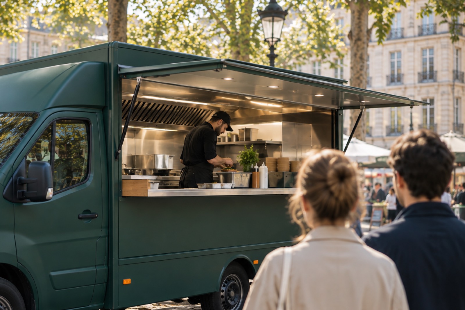 Camion-restaurant vert garé sous les platanes d'une place, guichet ouvert, un cuisinier prépare une commande pendant que deux clients attendent
