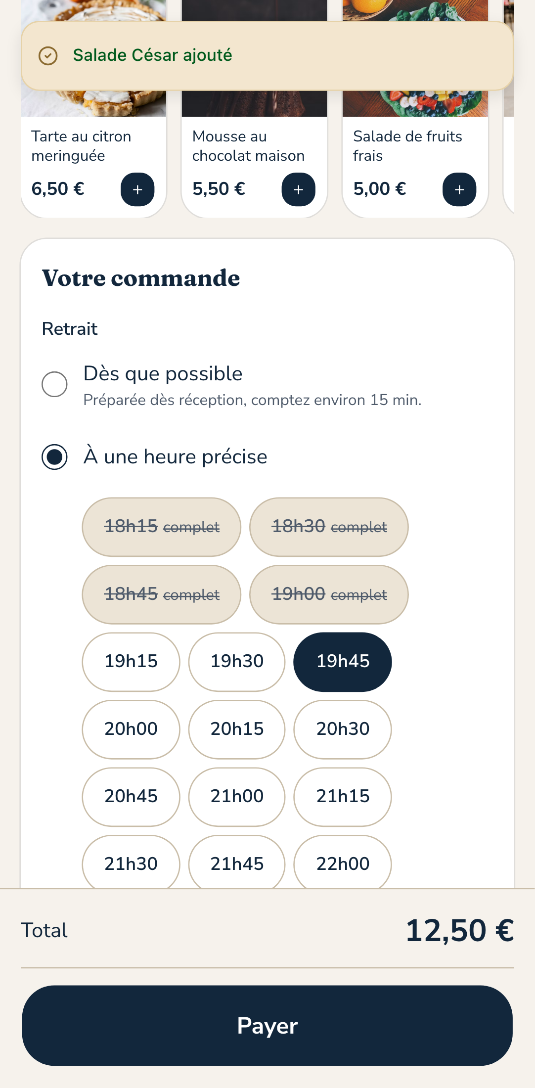 Panier avec le choix du créneau de retrait : dès que possible ou une heure précise