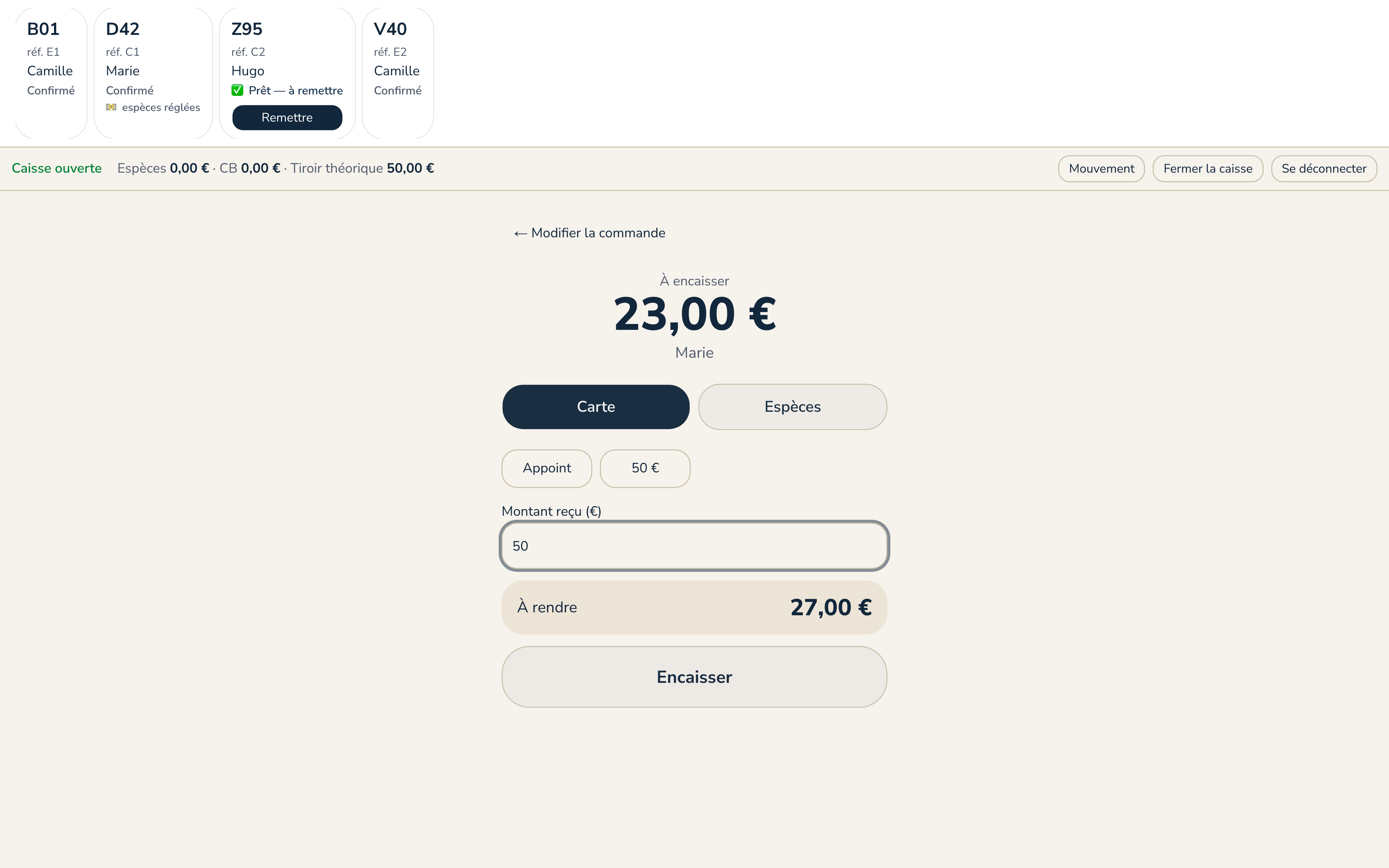 Écran d'encaissement en espèces avec rendu de monnaie