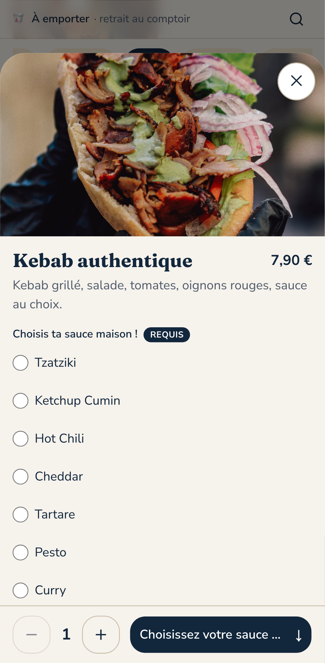Fiche d'un kebab avec sa photo et le choix de la sauce